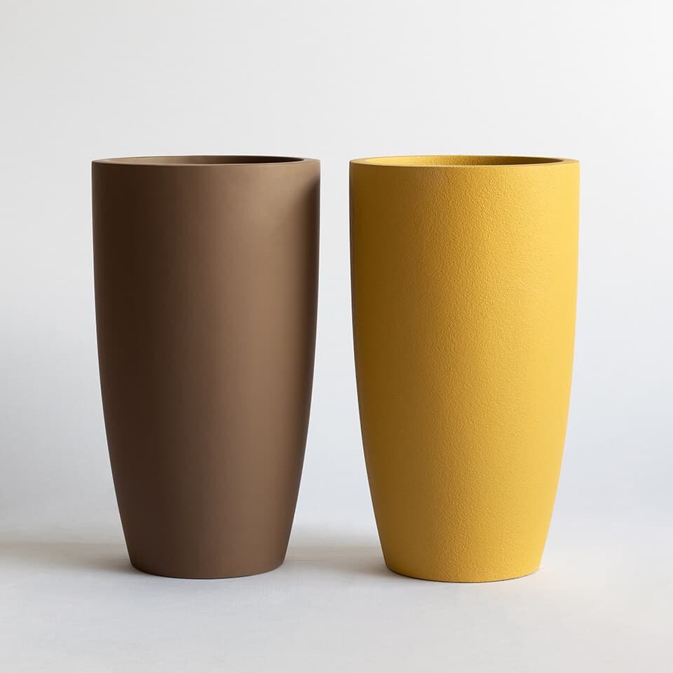 Yellow &amp; Brown Tall Flower Pots standing besides each other