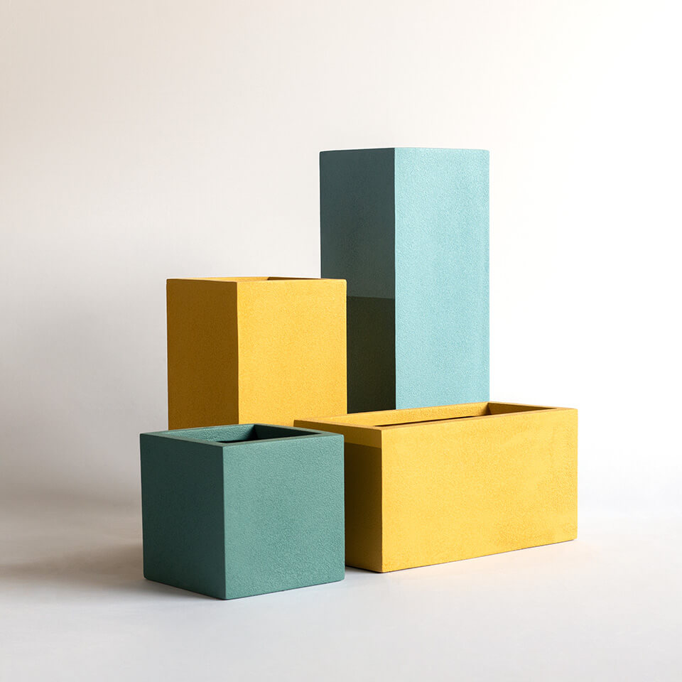 rectangular planters in sea blue and yellow colour in rustic finish