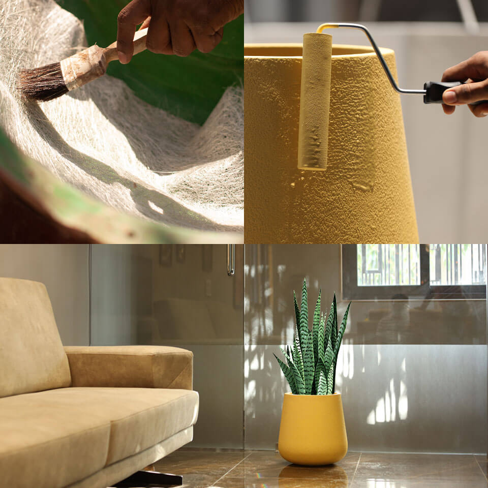 A photo collage of a yellow fiber planter vonny along with planter manufacturing shots at Bonasila Factory